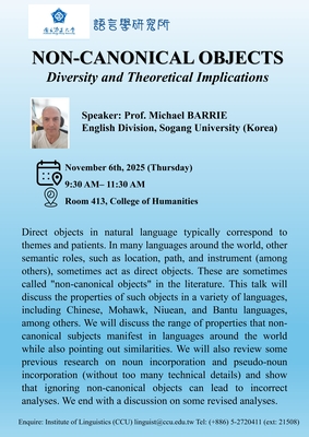 語言所114學年度演講活動-Non-canonical Objects: Diversity and Theoretical Implications (非典型賓語:多樣性與理論意涵)圖片
